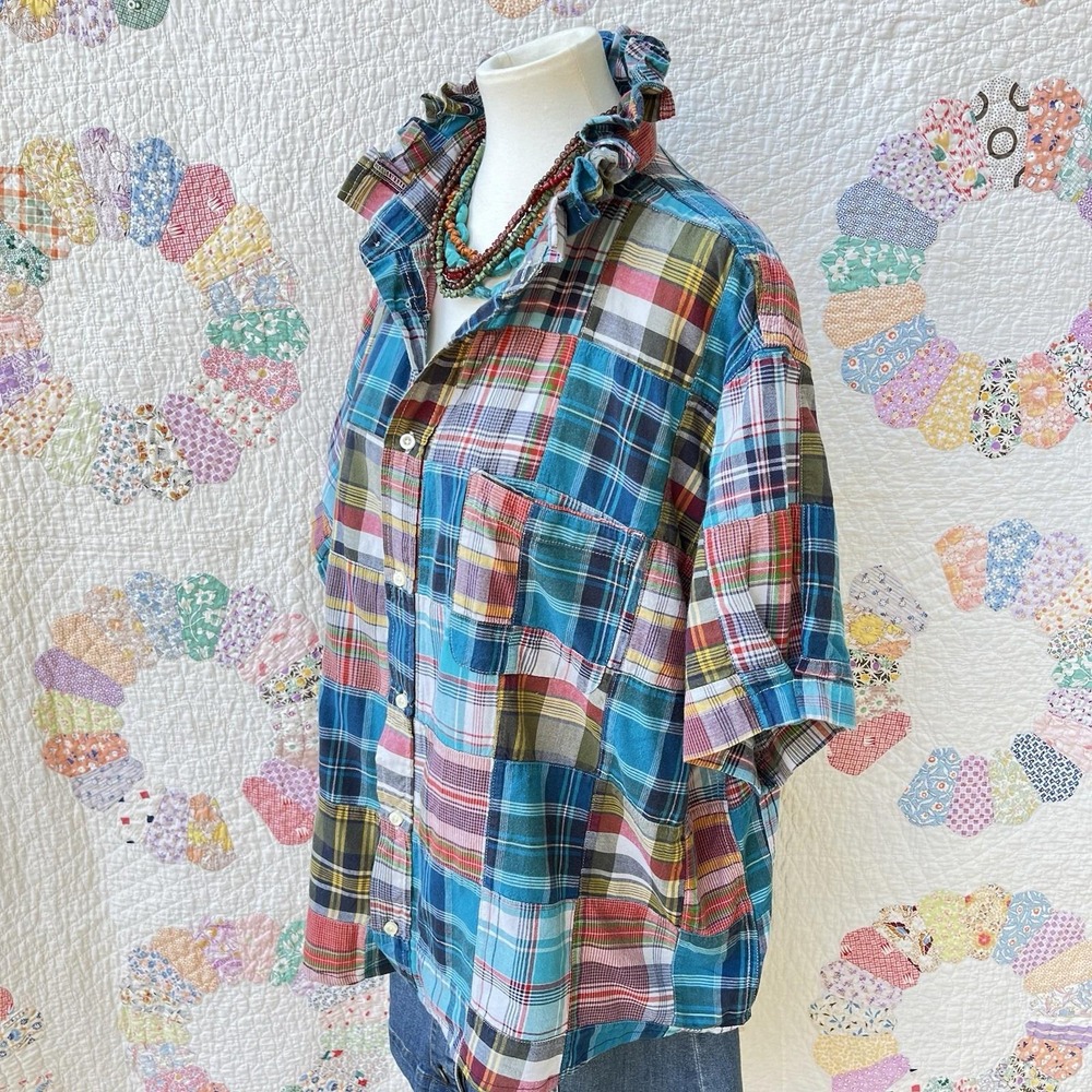 Upcycled Preppy Lands End Autumn Madras Patchwork Oversized Short Sleeve XXL - Picture 5 of 10